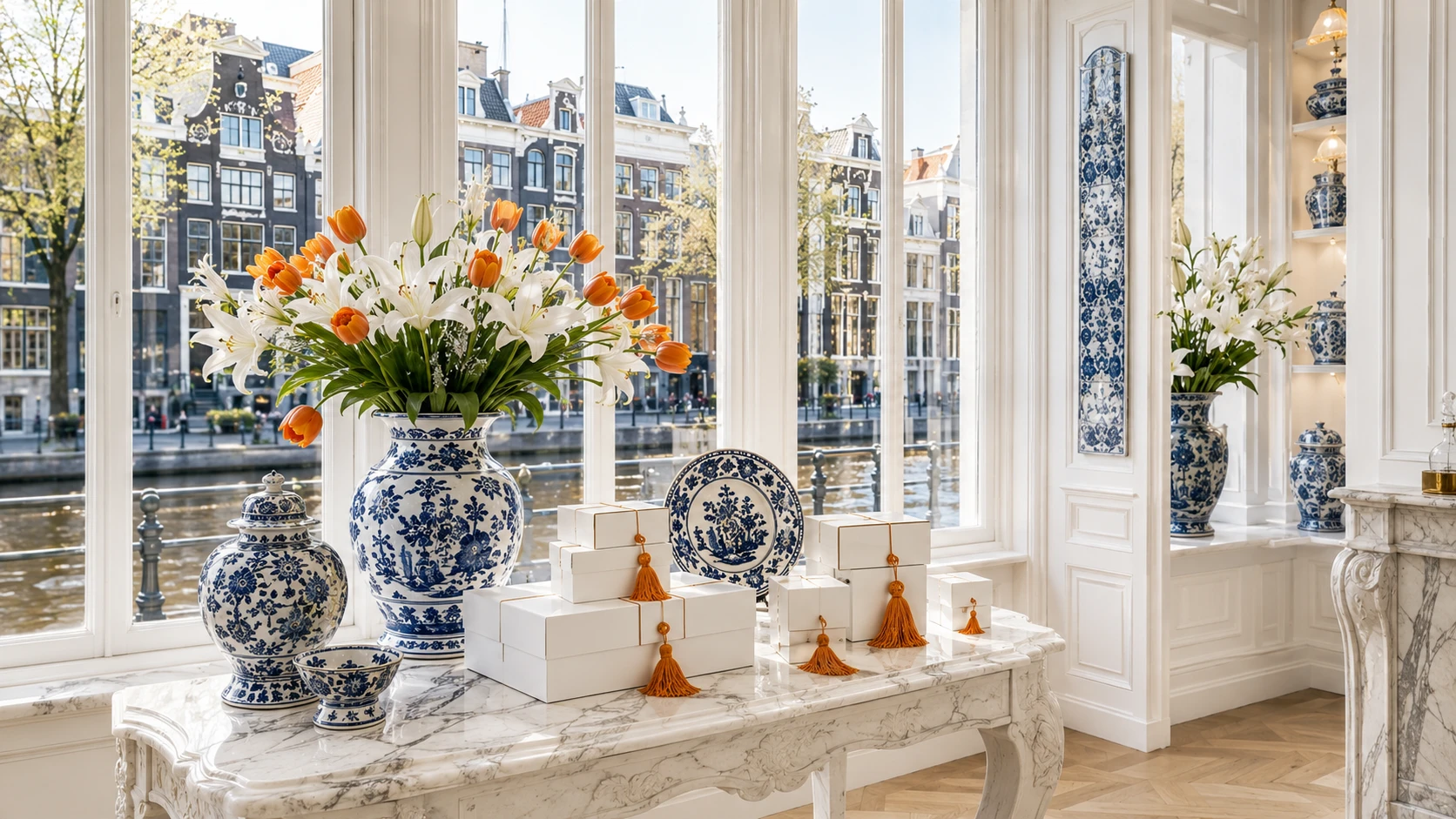 Huis van Lys Dutch interior with Delft blue porcelain, flowers and orange accents